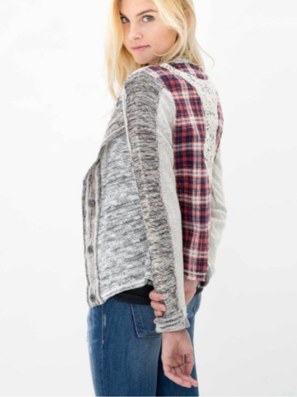 Gimmicks by BKE Women's Mixed-Knit Plaid Cardigan Sweater Size Medium